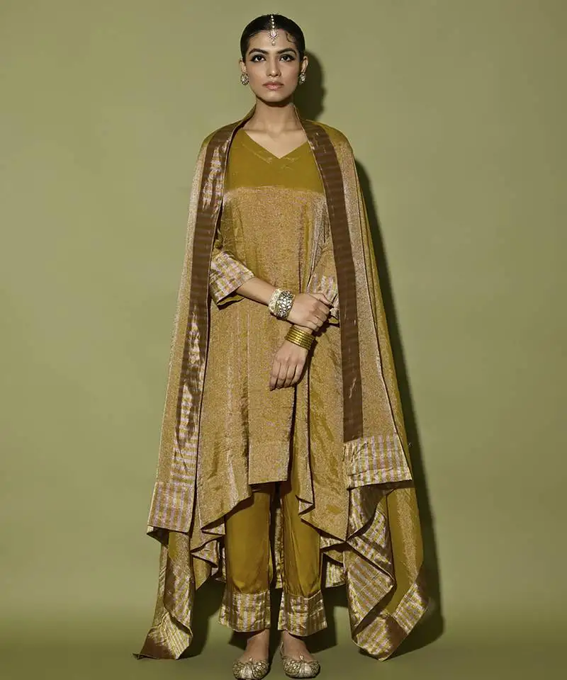 Gold plain satin kurta set