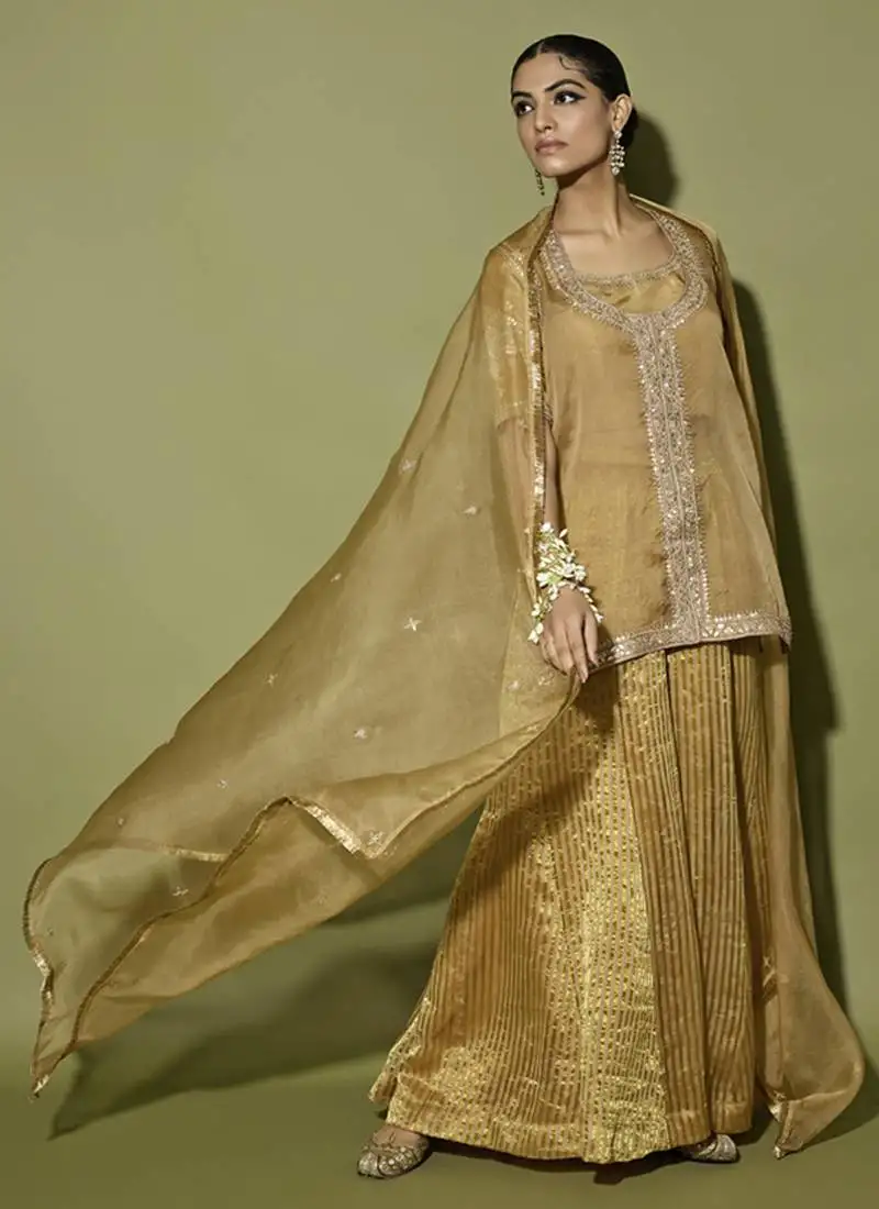 Brown embroidered satin sharara set