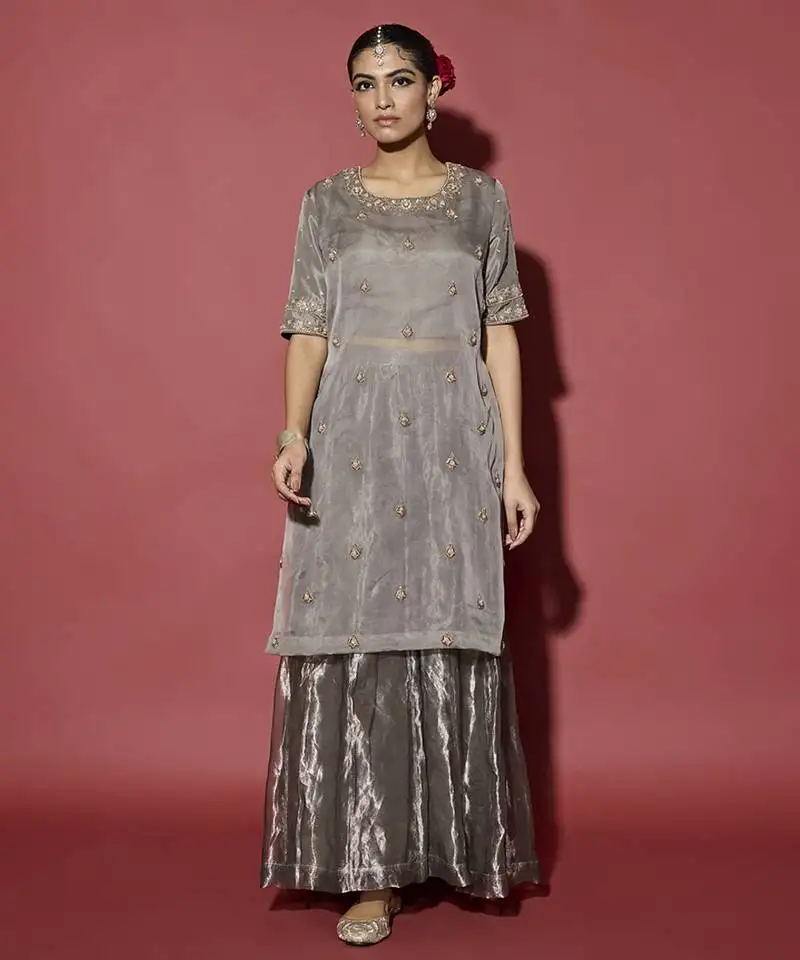 Silver embroidered tissue sharara set