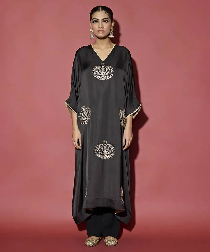 Black embroidered satin kaftan with pant