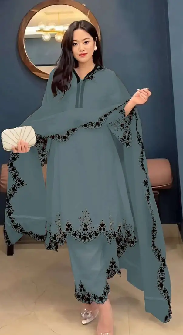 Grey embroidered faux georgette salwar suit semi stitched