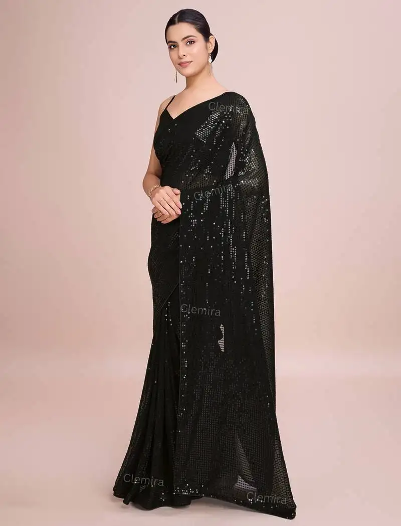 Embellished black color bollywood georgette saree with unstiched blouse