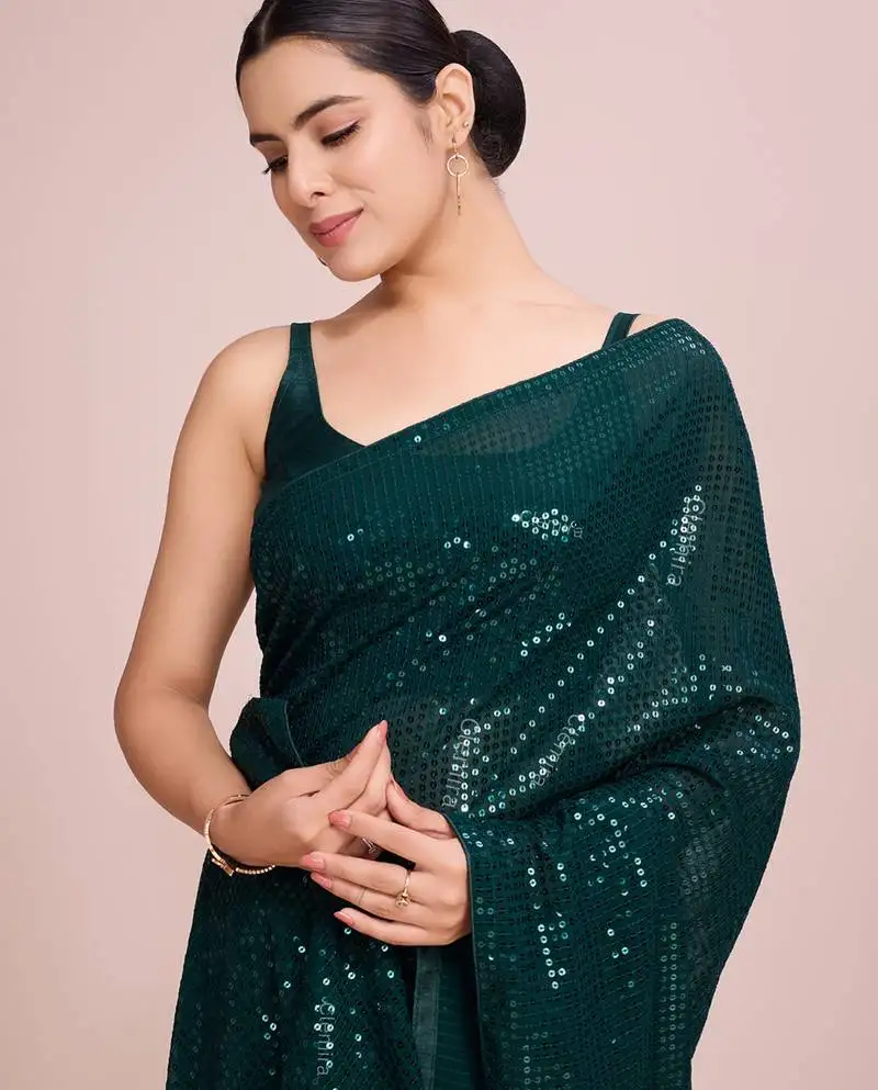 Embellished green color bollywood georgette saree with unstiched blouse