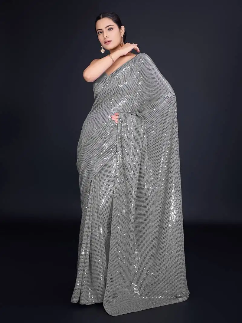 Embellished grey color bollywood georgette saree with unstiched blouse
