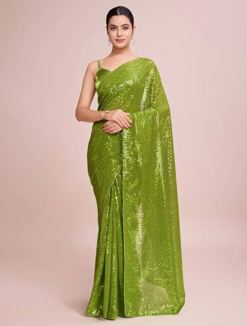 Embellished perrot color bollywood georgette saree with unstiched blouse
