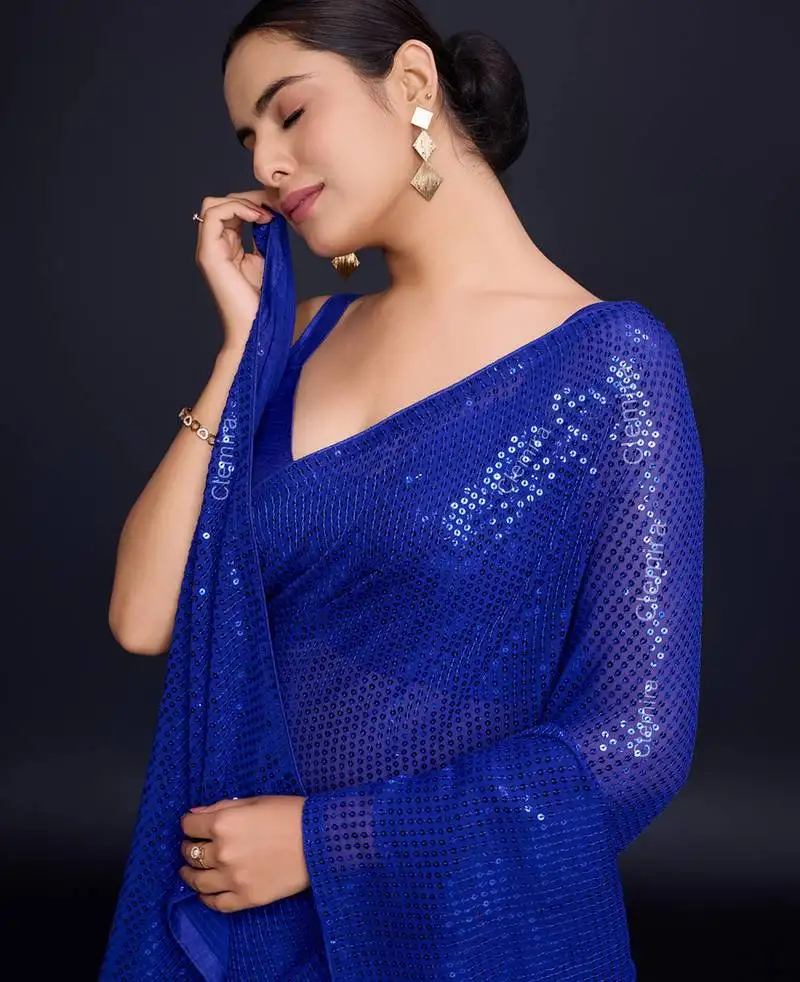 Embellished royal blue color bollywood georgette saree with unstiched blouse
