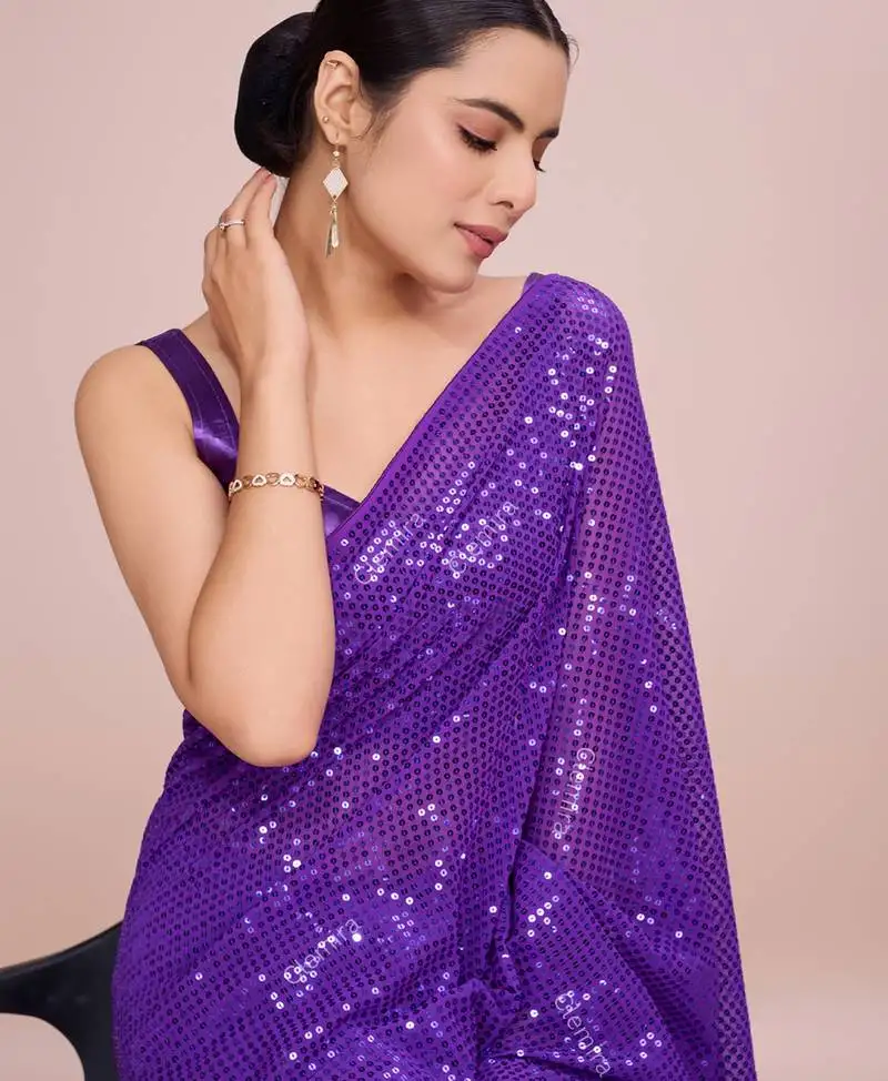 Embellished violet color bollywood georgette saree with unstiched blouse
