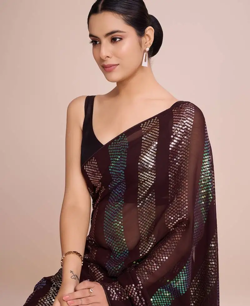 Embellished coffee color bollywood georgette saree with unstiched blouse