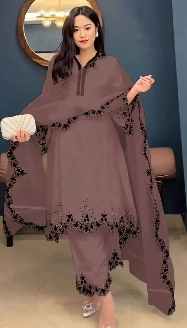 Brown embroidered faux georgette salwar suit semi stitched