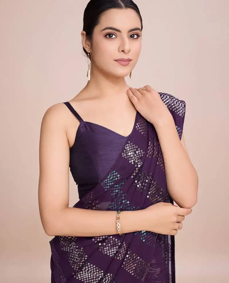 Embellished wine color bollywood georgette saree with unstiched blouse