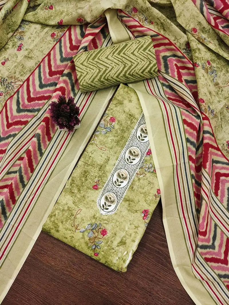 Women's green unstitched embroiderd cotton dress material