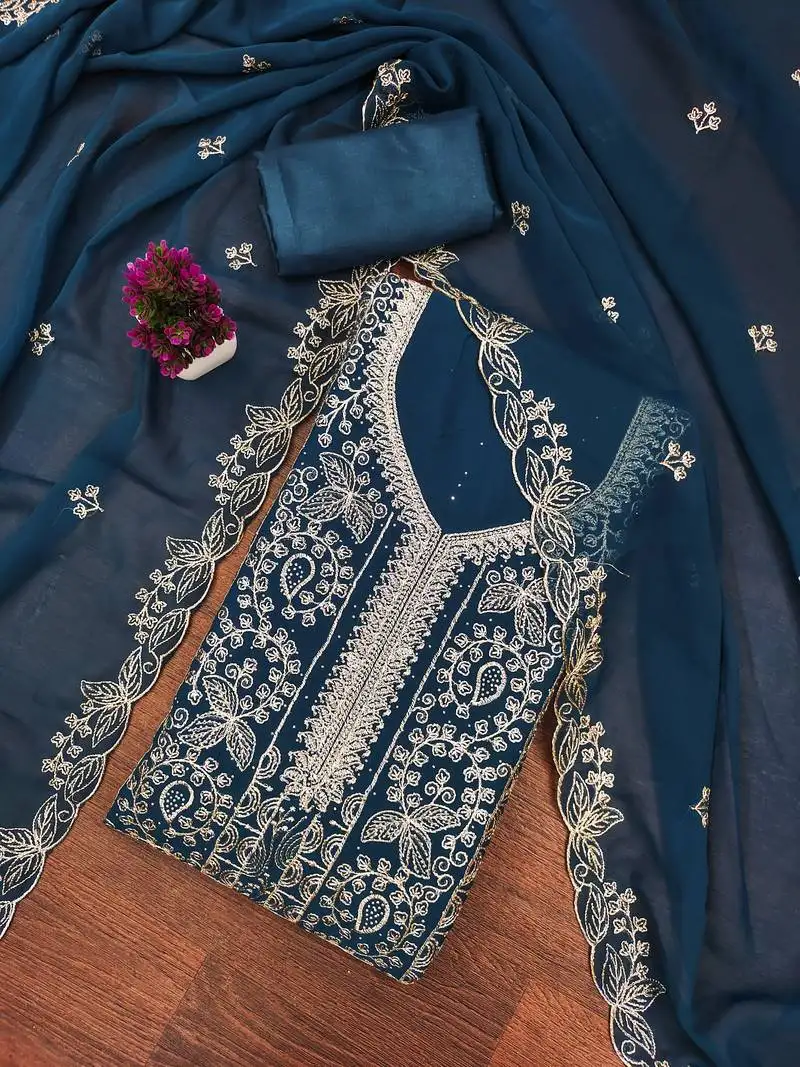 Women's teal blue unstitched embroiderd georgette dress material