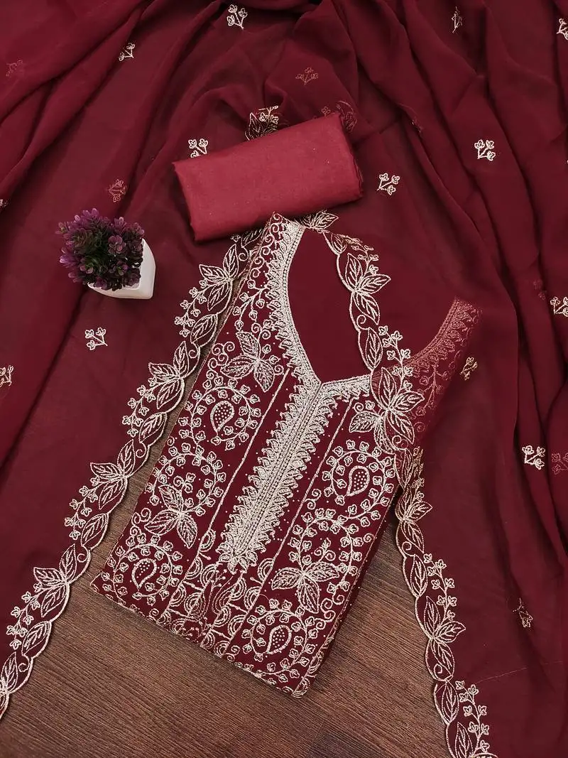 Women's maroon unstitched embroiderd georgette dress material