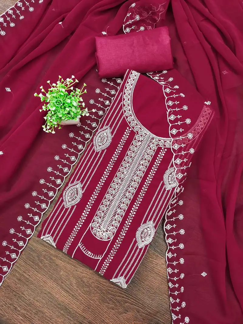 Women's magenta unstitched embroiderd georgette dress material