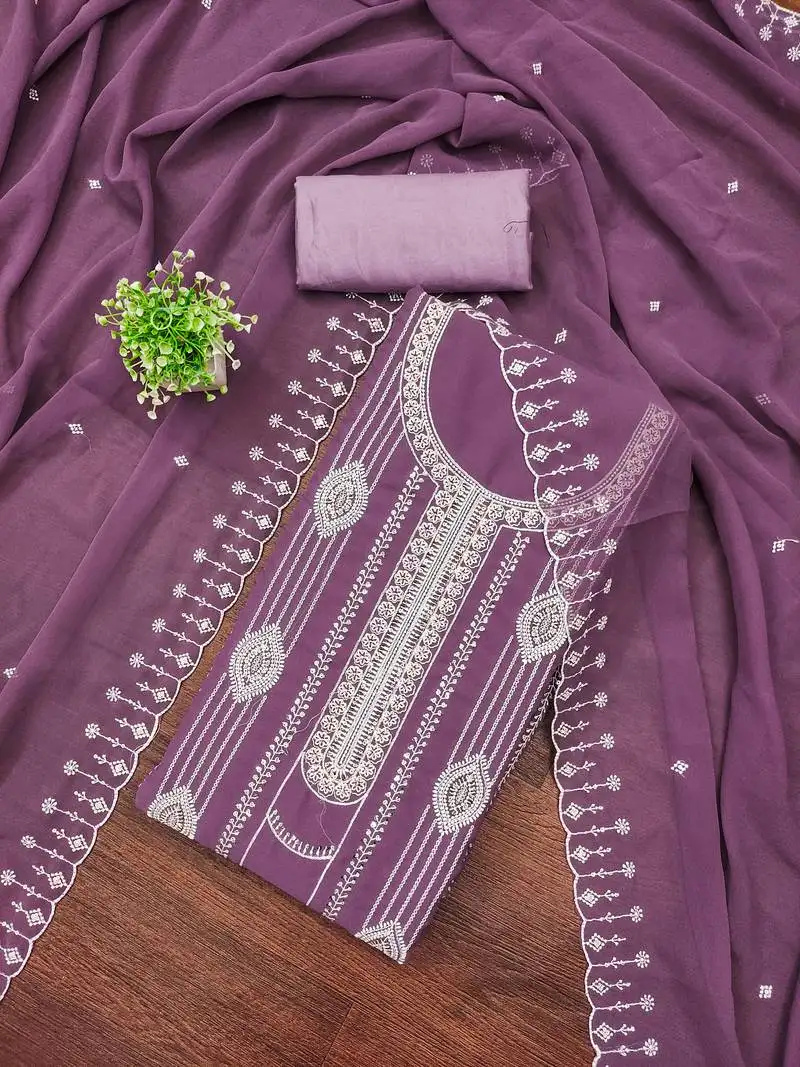 Women's levender unstitched embroiderd georgette dress material