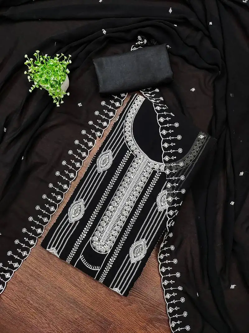 Women's black unstitched embroiderd georgette dress material