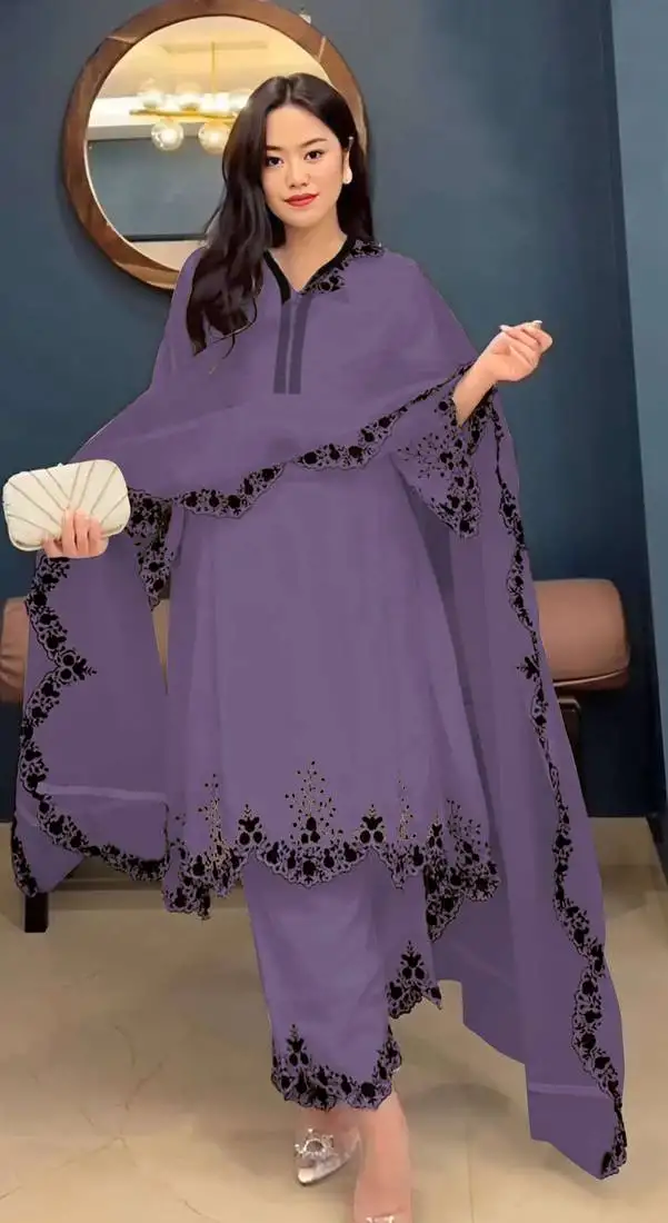 Purple embroidered faux georgette salwar suit semi stitched