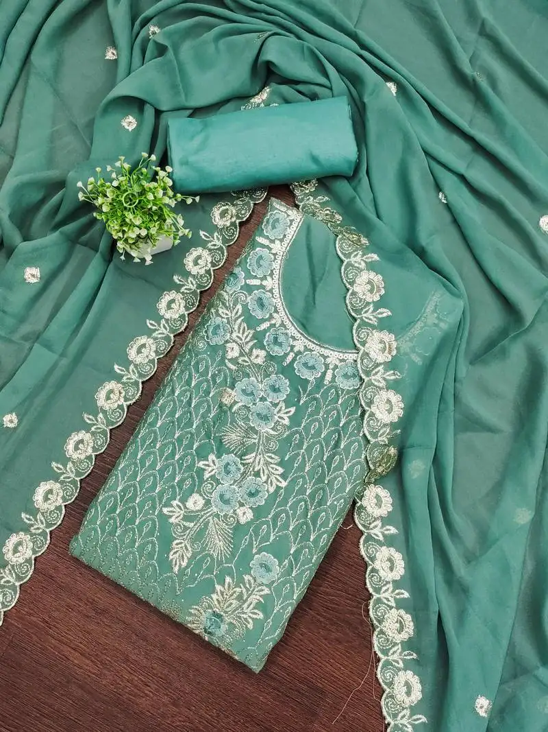 Women's sea green unstitched embroiderd star georgette dress material