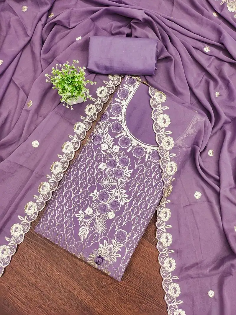 Women's purple unstitched embroiderd star georgette dress material