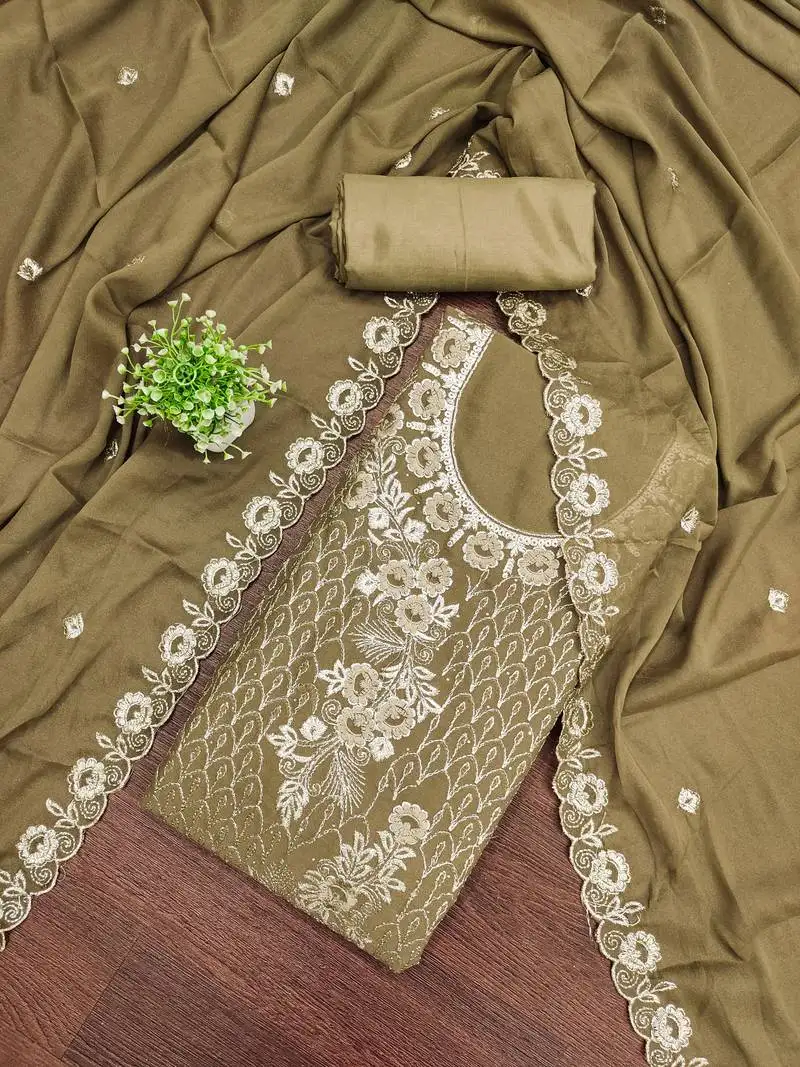 Women's olive green unstitched embroiderd star georgette dress material