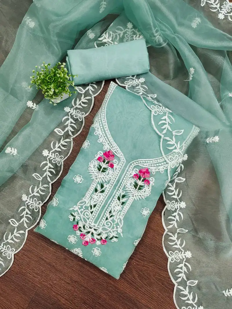 Women's sea green unstitched embroiderd organja dress material