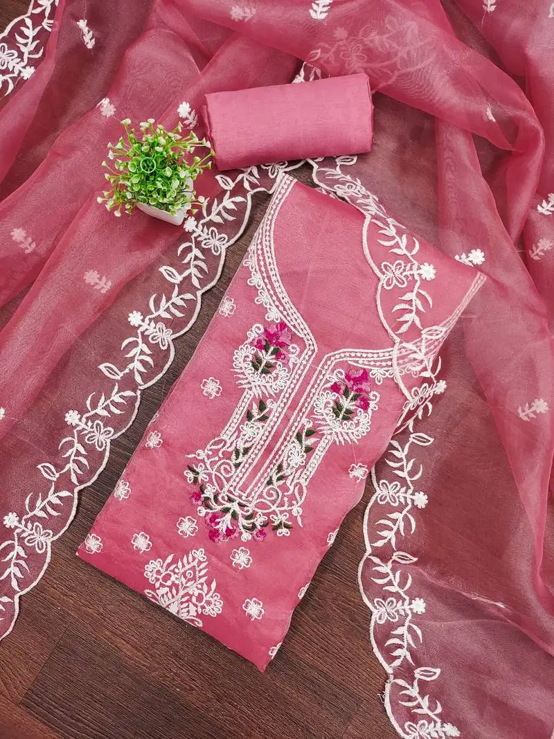 Women's pink unstitched embroiderd organja dress material