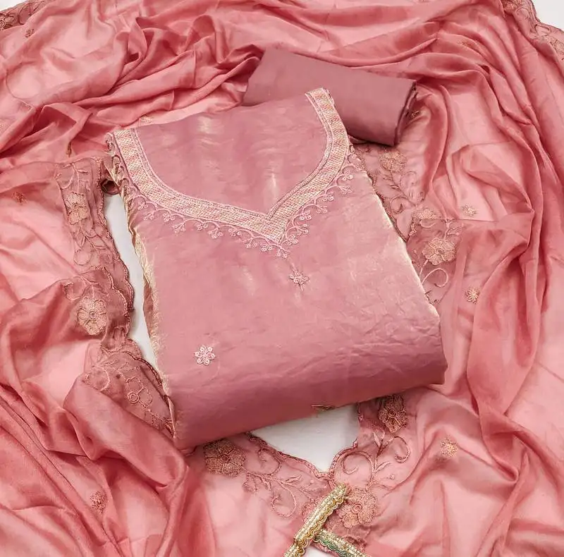 Women's baby pink unstitched embroiderd viscose fendy sattin dress material