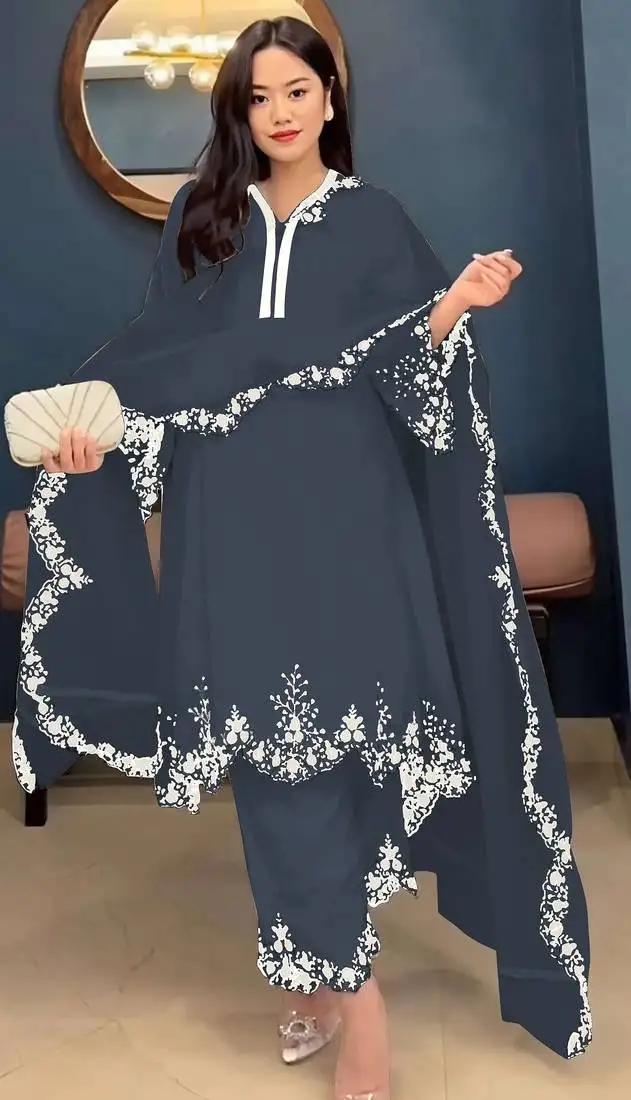 Dark grey embroidered faux georgette salwar suit semi stitched