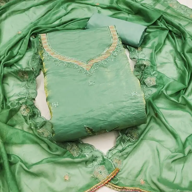 Women's light green unstitched embroiderd viscose fendy sattin dress material