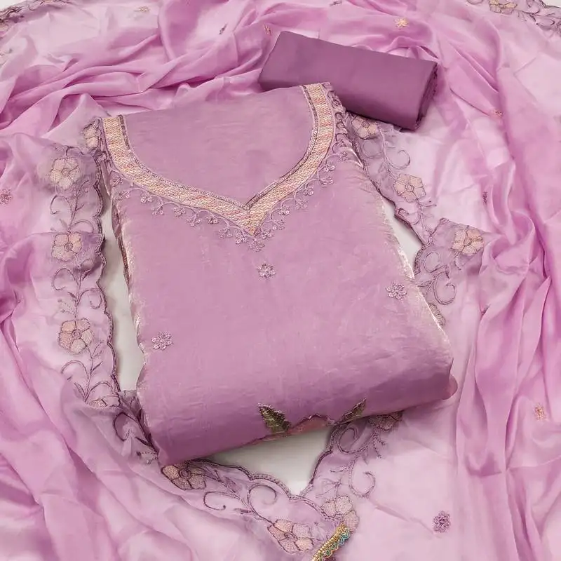 Women's levender unstitched embroiderd viscose fendy sattin dress material