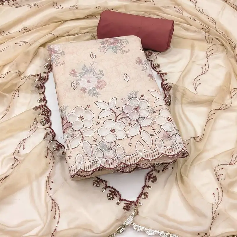 Women's multi unstitched embroiderd cemric cotton dress material