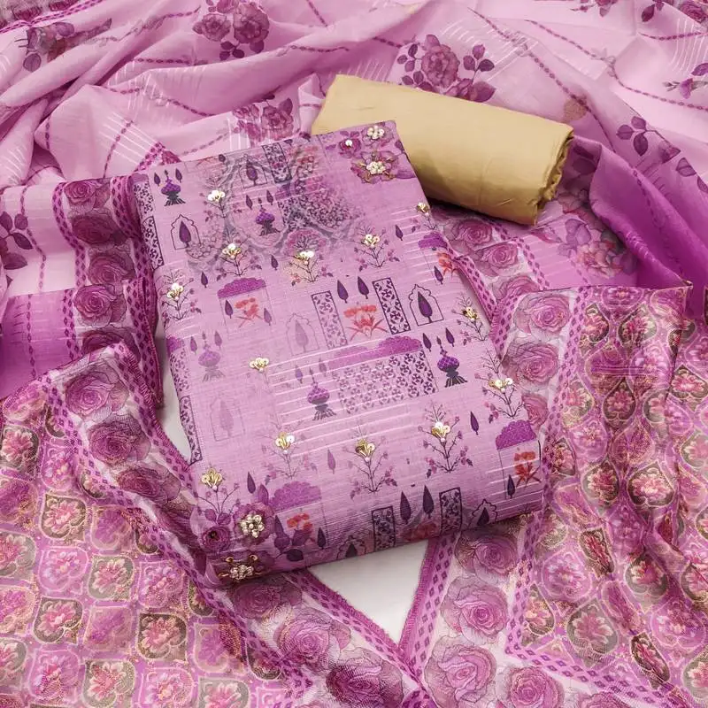 Women's purple unstitched printed viscose cotton banrasi dress material