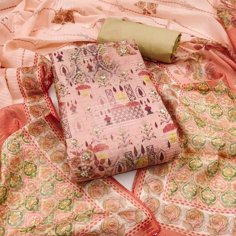 Women's peach unstitched printed viscose cotton banrasi dress material