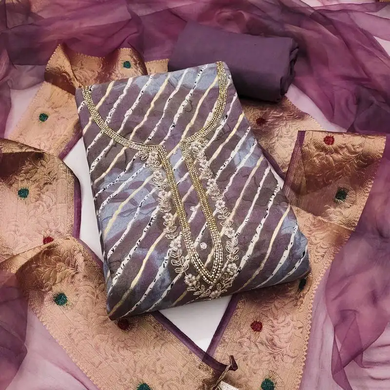 Women's purple unstitched handwork jam cotton dress material