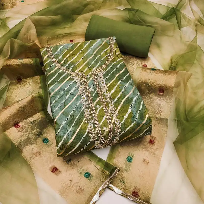 Women's green unstitched handwork jam cotton dress material