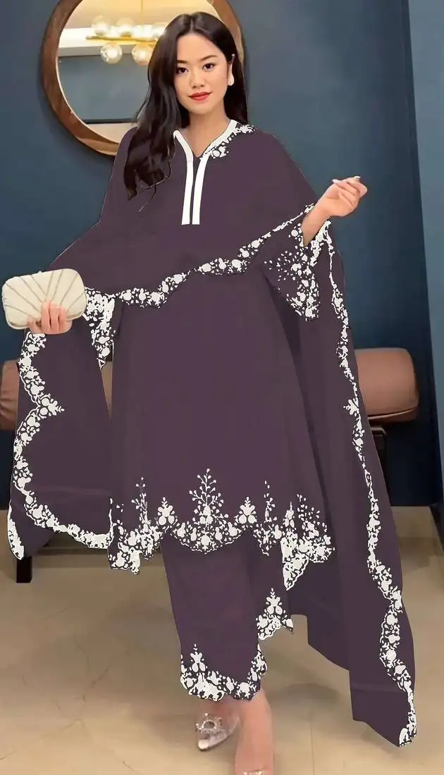 Wine embroidered faux georgette salwar suit semi stitched