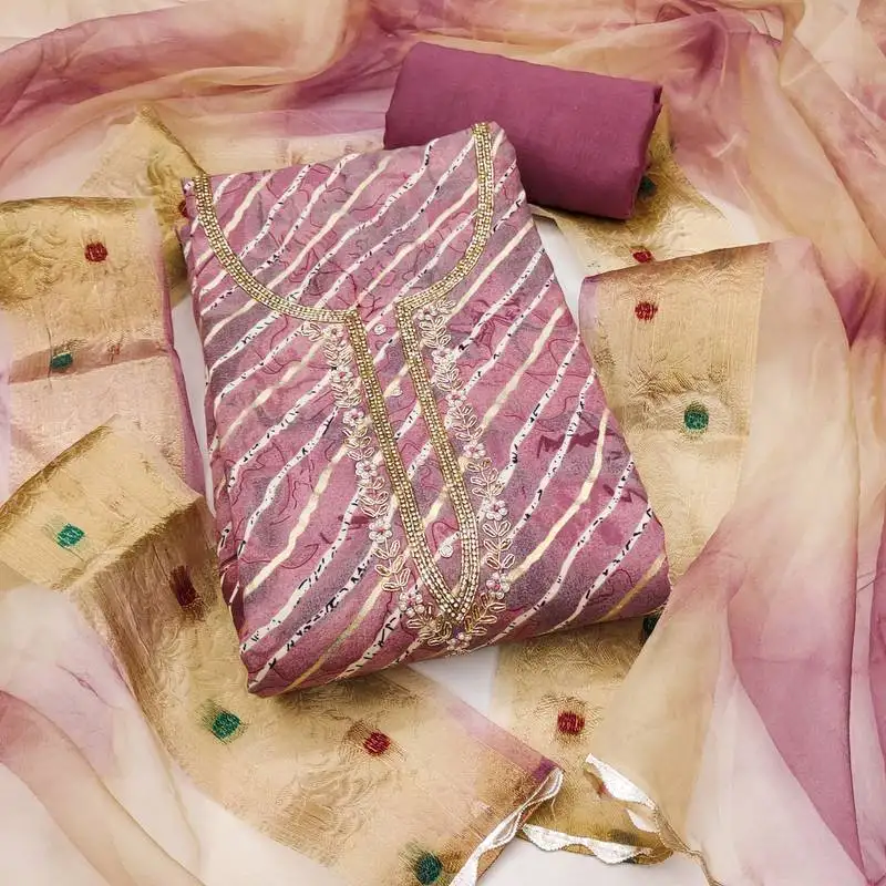 Women's levender unstitched handwork jam cotton dress material