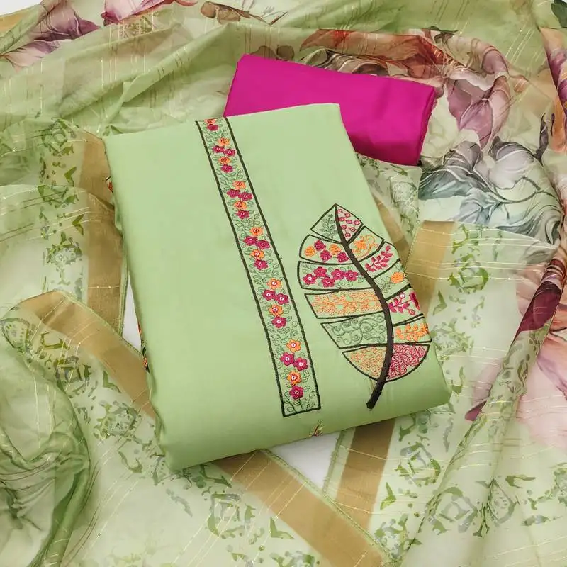 Women's green unstitched embroiderd pure cotton silk dress material