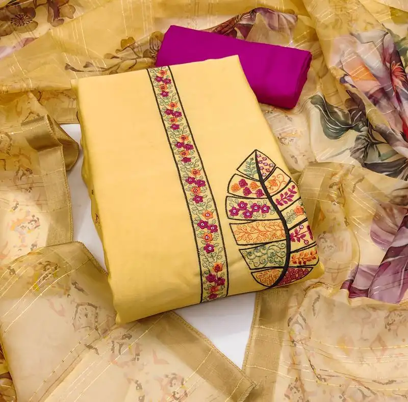Women's yellow unstitched embroiderd pure cotton silk dress material