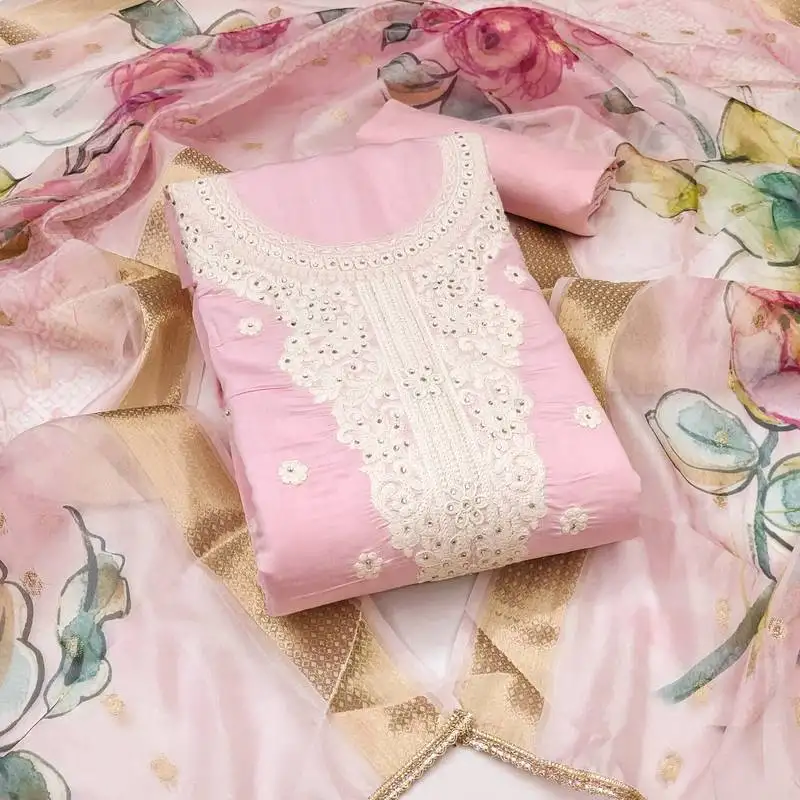 Women's pink unstitched embroiderd pure cotton silk dress material