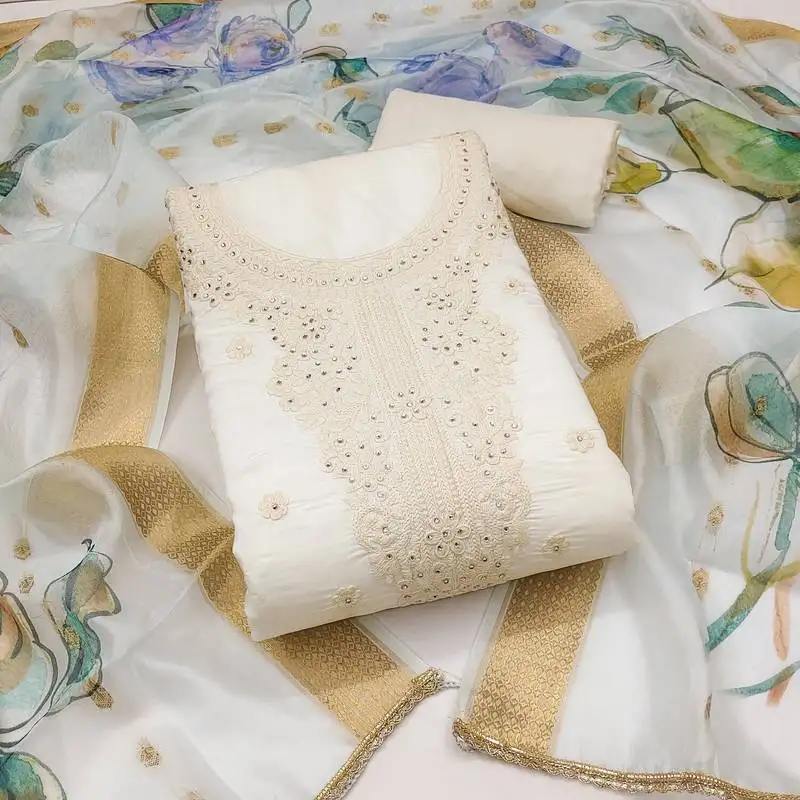 Women's white unstitched embroiderd pure cotton silk dress material