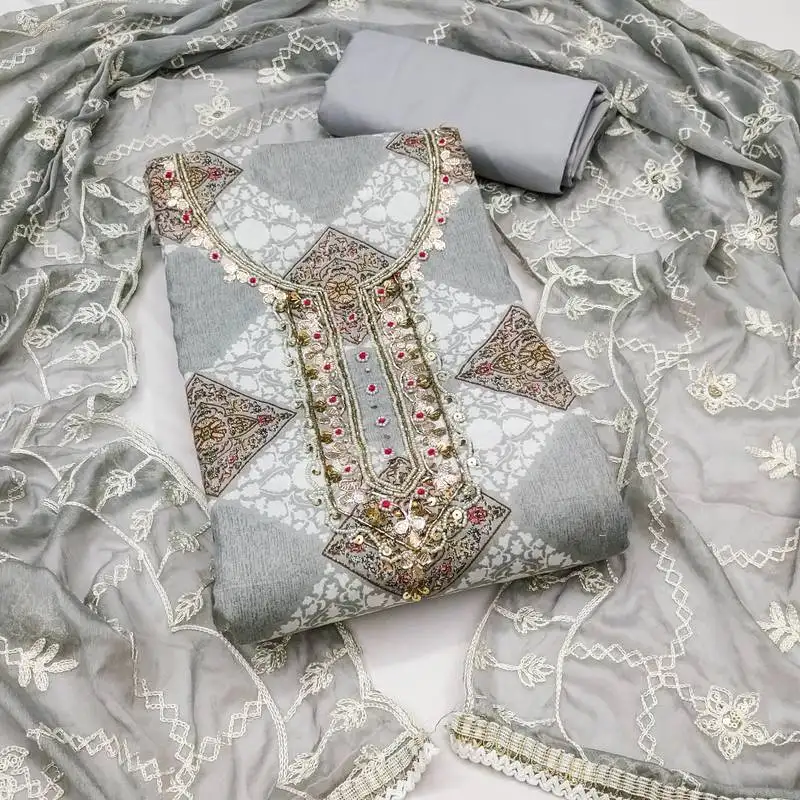 Women's multi unstitched handwork cotton dress material