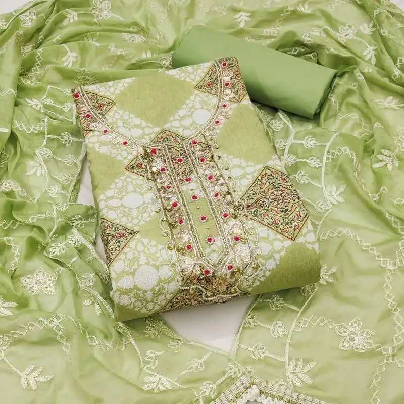 Women's multi unstitched handwork cembric cotton dress material