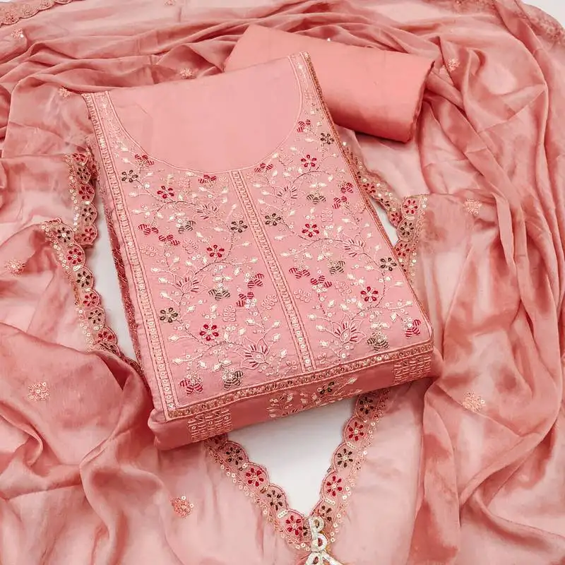 Women's peach unstitched embroiderd pure cotton silk dress material