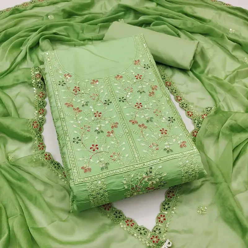 Women's light green unstitched embroiderd pure cotton silk dress material