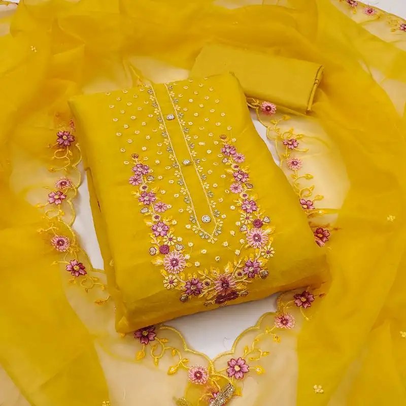 Women's leamon yellow unstitched embroiderd viscose golden crush dress material