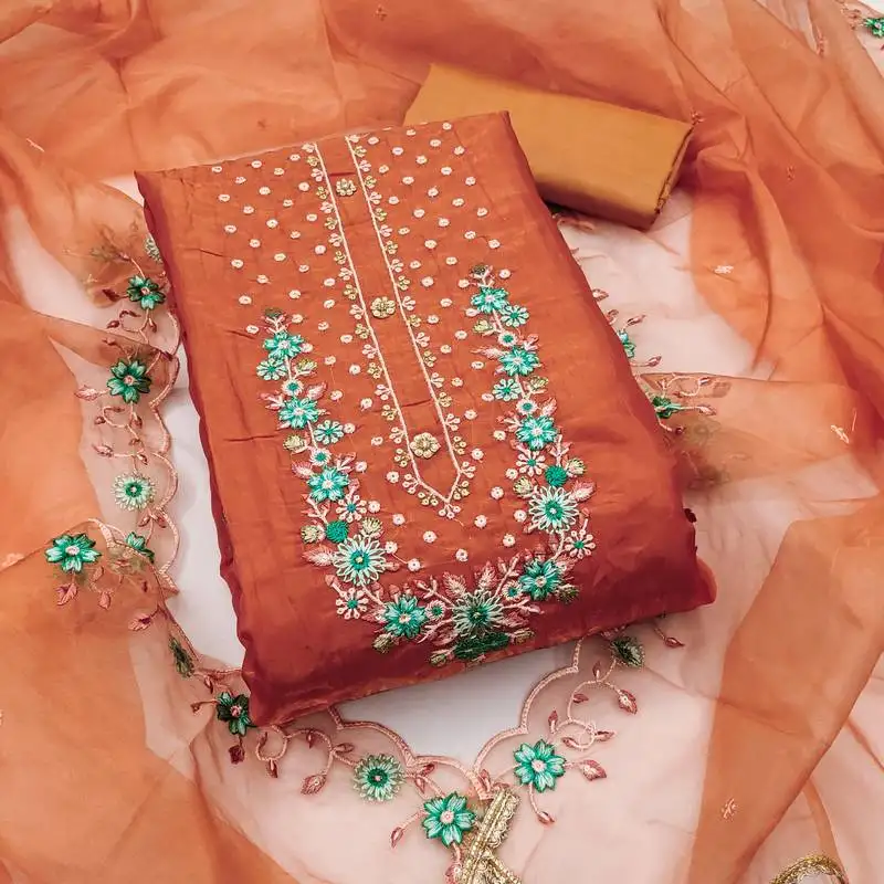 Women's peach unstitched embroiderd viscose golden crush dress material