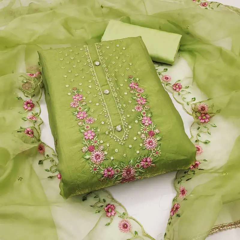 Women's light olive green unstitched embroiderd viscose golden crush dress material