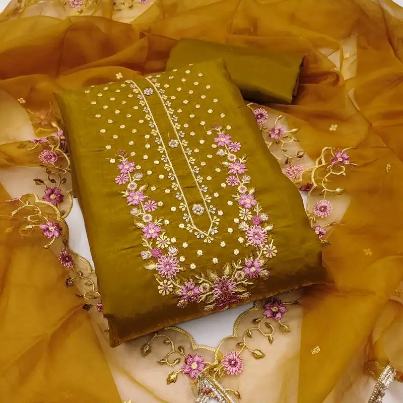 Women's light green unstitched embroiderd viscose golden crush dress material