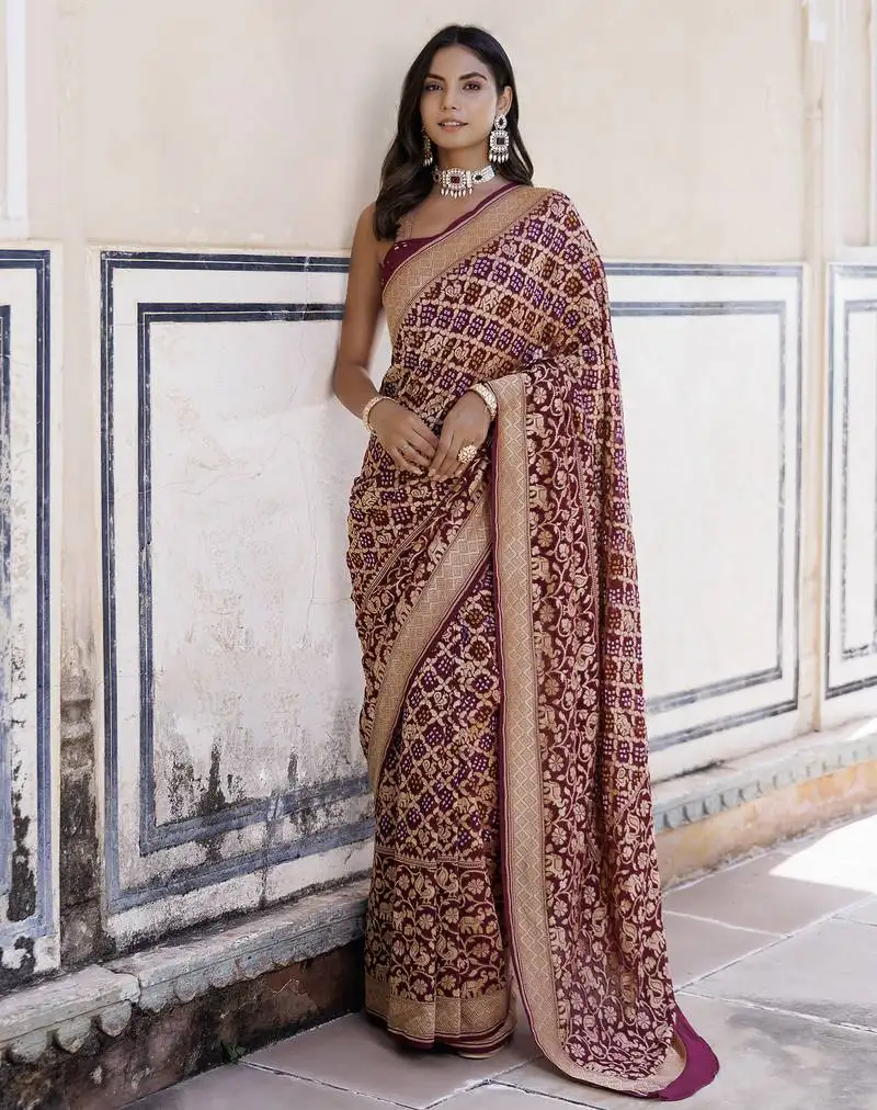 Purple pure georgette hand woven gharchola bandhani saree